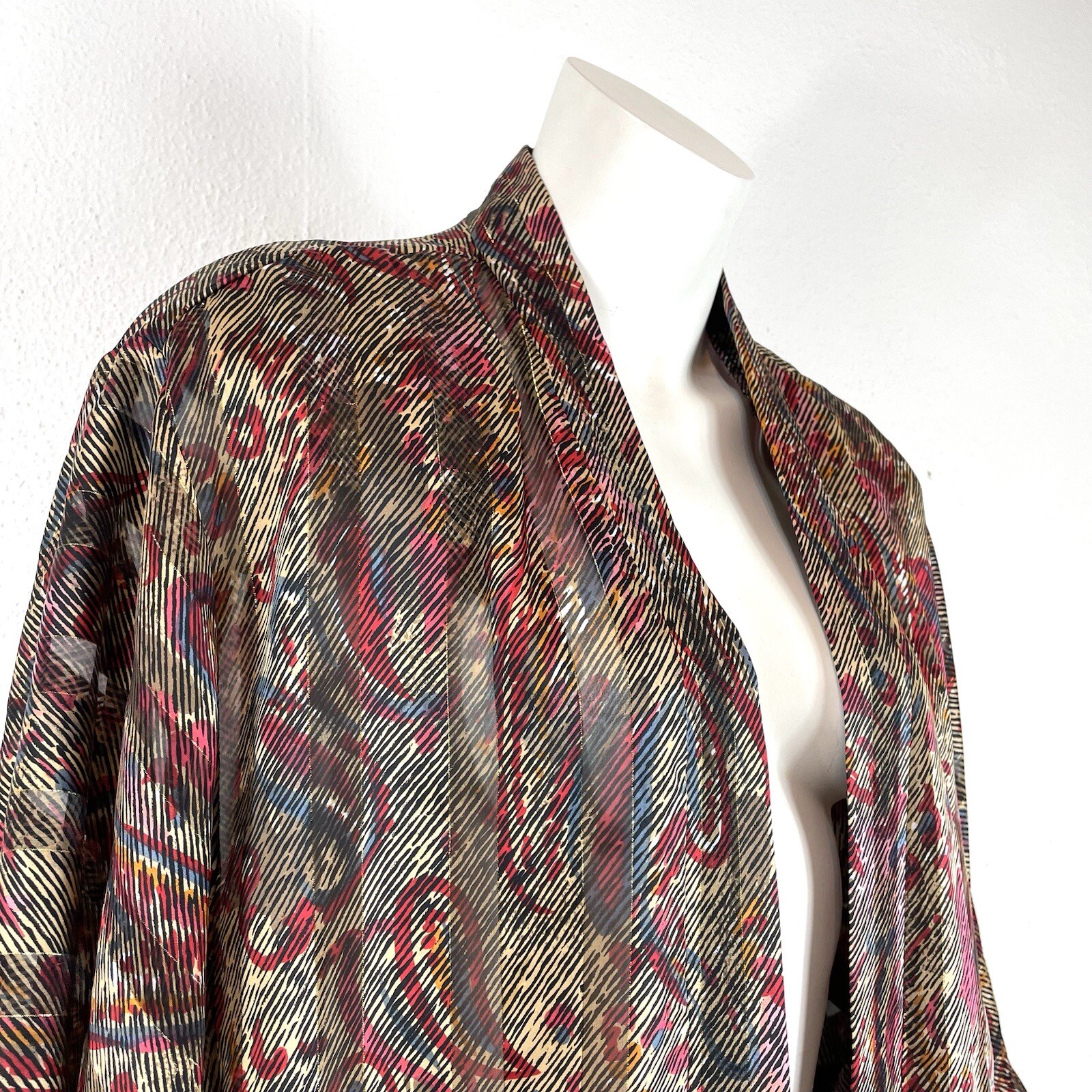 Vintage 80s Sheer Metallic Paisley Open Front Kimono Style Cardigan One Size