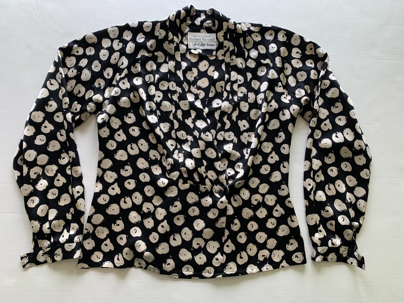 Vtg Constance Saunders 100% silk blouse black cream abstract circles sz 4 M