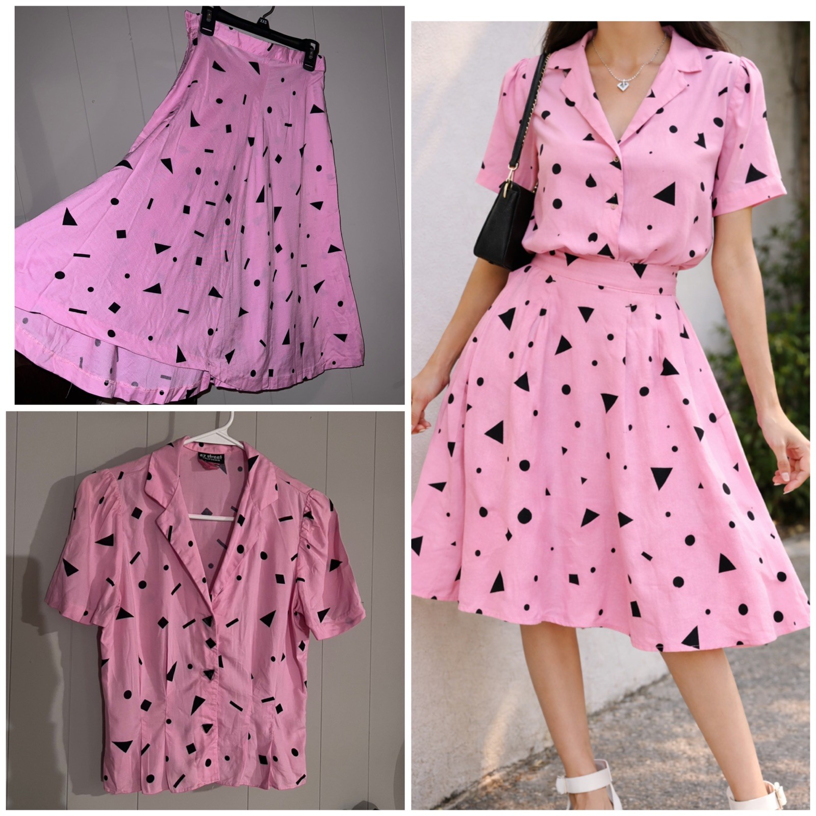 Vintage 80s Pink Geometric Matching Set Petite Retro Two Piece Skirt Top