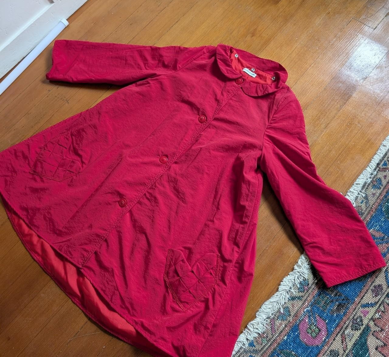 VTG 90s Red Trench Coat Bright Red Jacket with Quilted Heart Pocket