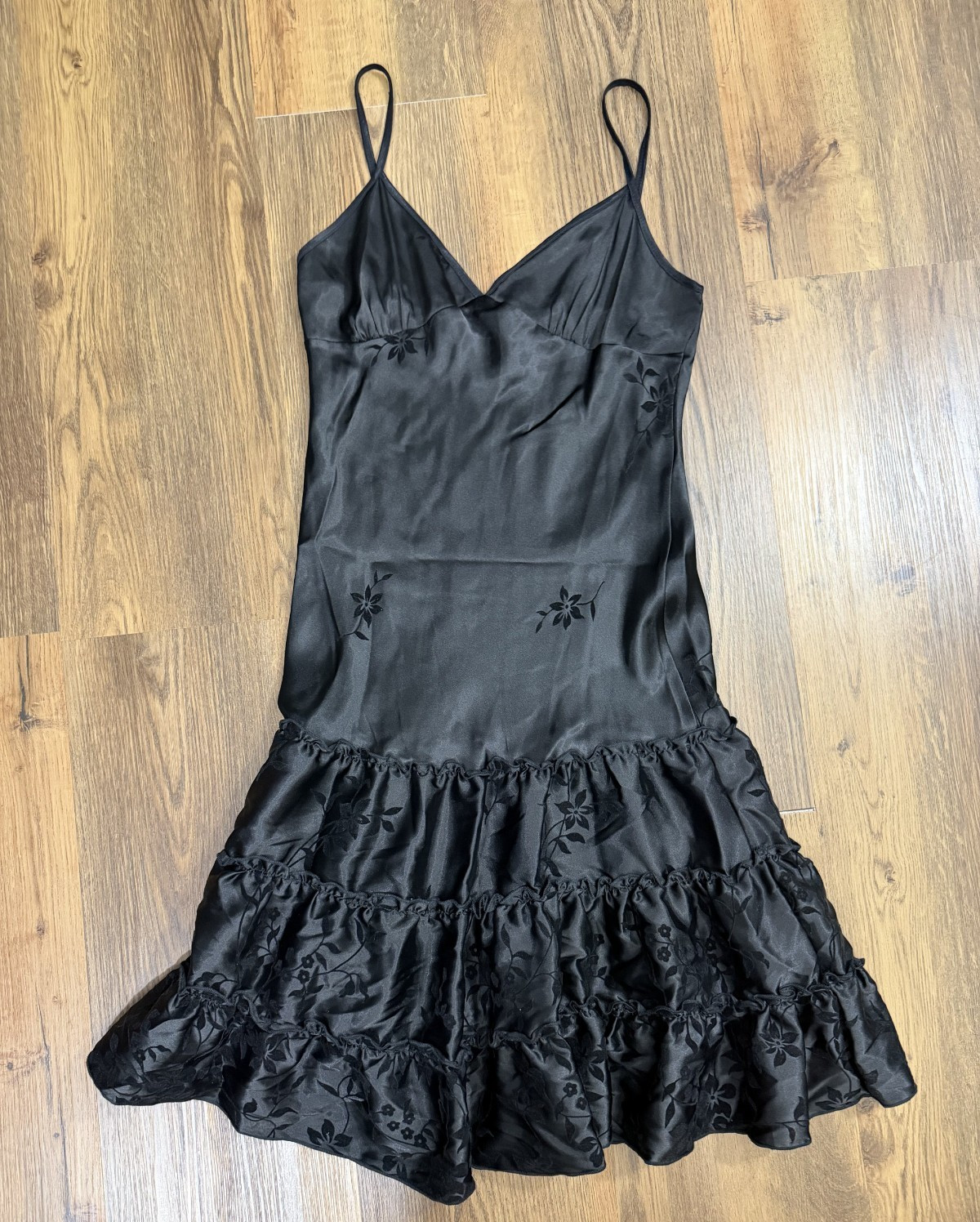 Vintage Y2K 90s Glam Satin Babydoll Slip Midi Dress Whimsigoth Floral Black L