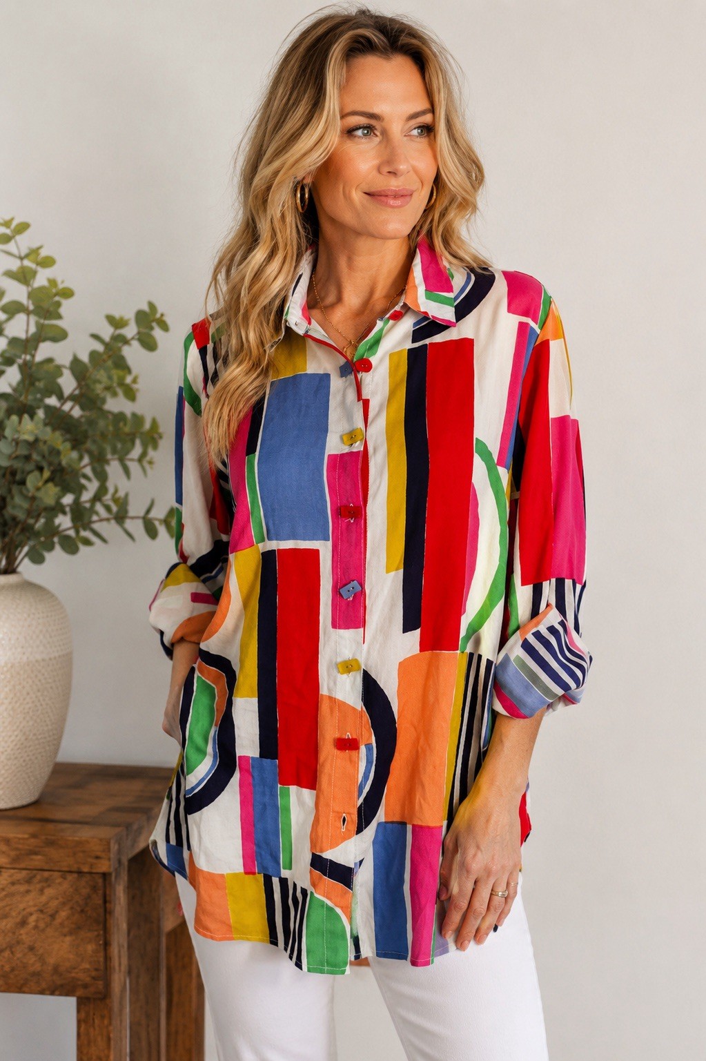 Vintage 90s Take Two Clothing Co Rayon Tunic Blouse L Colorblock Geometric