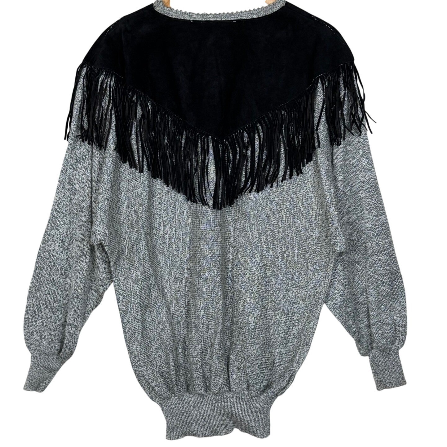 Vintage Western Leather Fringe Knit Sweater Cameo Rose Women L Concho Boho Rodeo