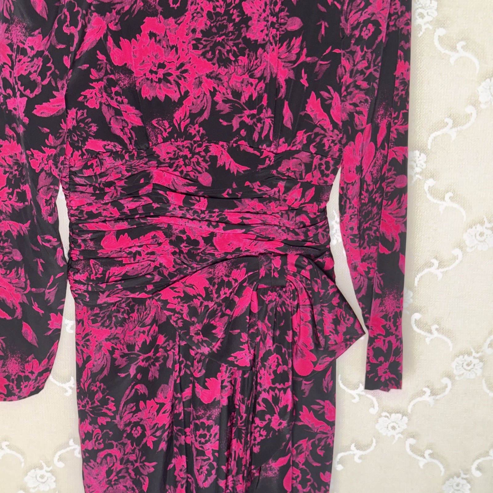 VTG Yves Cassette Magenta & Black Silk Bust Lined Cocktail Dress Sissy Bow SZ 10