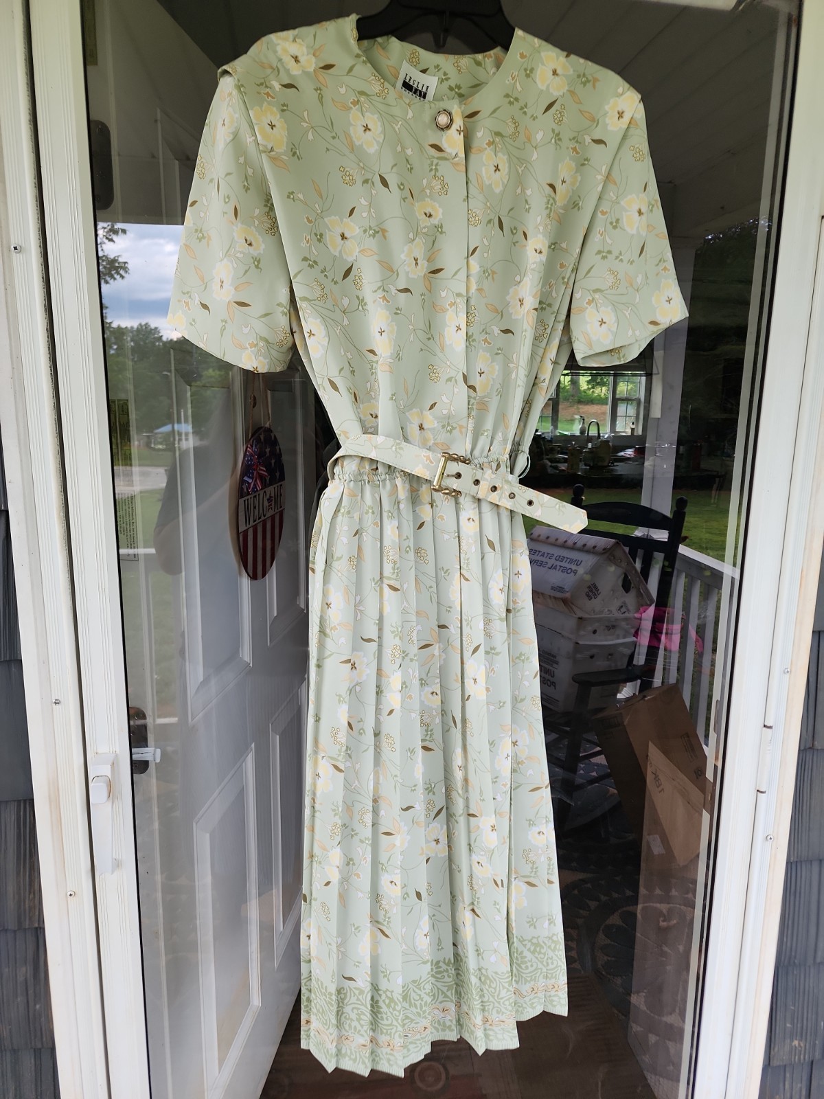 Vintage LESLIE FAY Floral Pleated retro swing Dress Belted 12 Longline Tea Midi