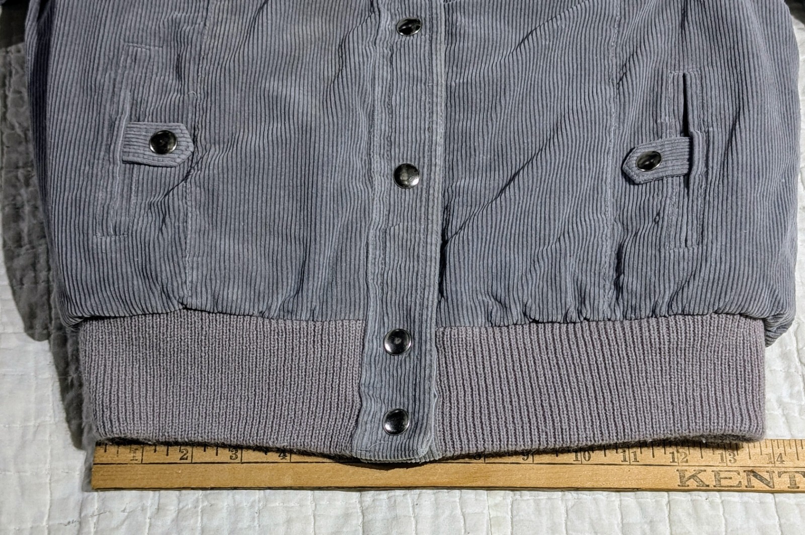 Vintage Mod Maid Coat 60s 70s Women’s SMALL Gray Corduroy Purple Trim Hooded