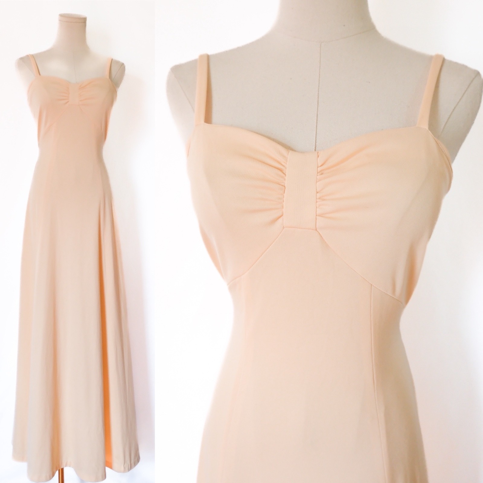Vintage 70s Nude Peach Strappy Maxi Prom Dress Gown Ruched Bust Tie Waist XS/S