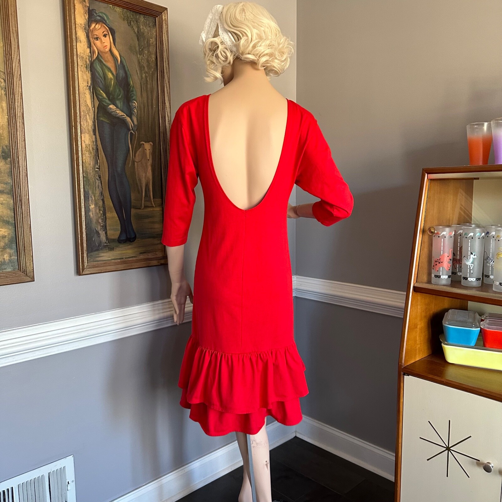 Vintage 80s New Wave Red Shirt Dress Red with flirty Double Ruffle Hem Size M