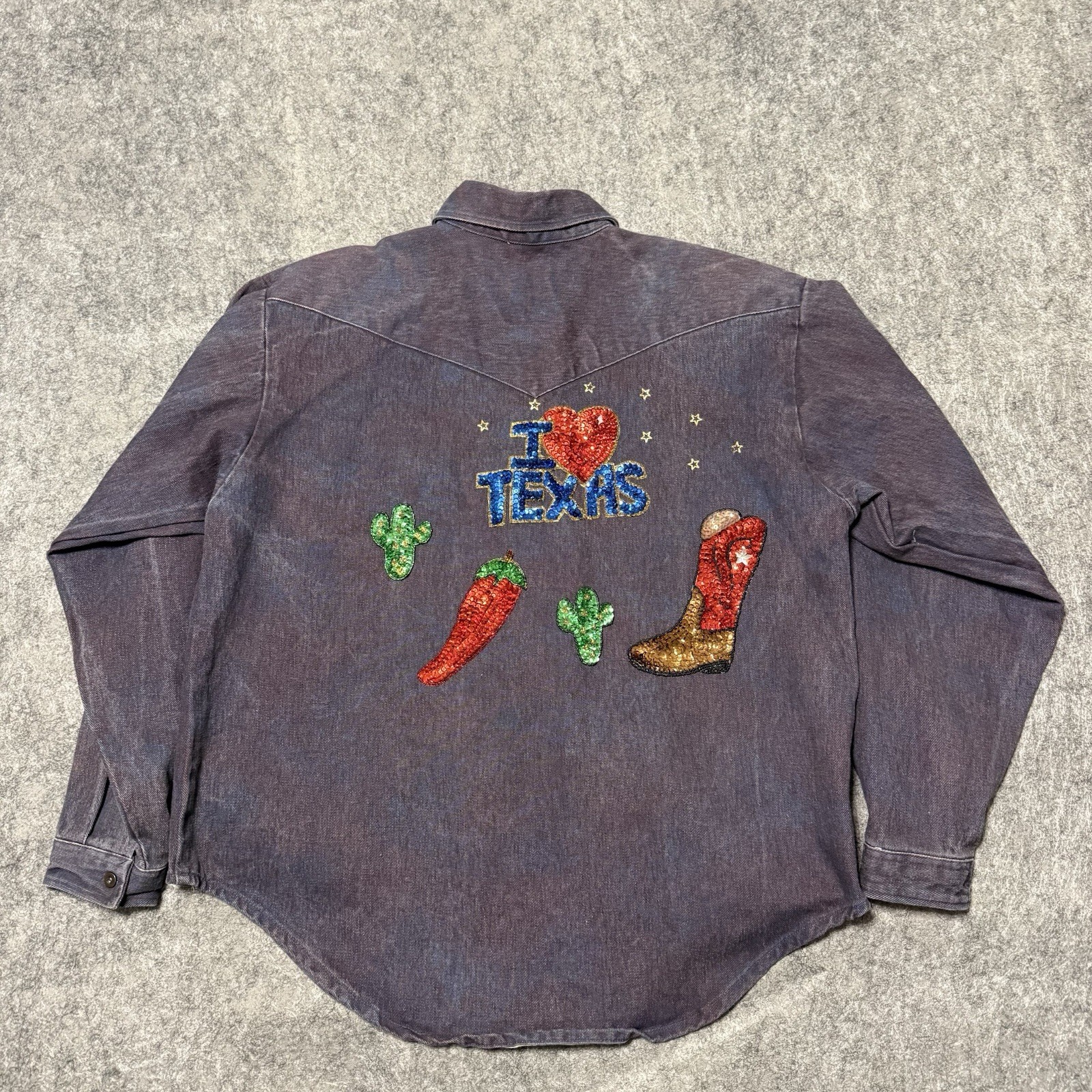 Vintage 70s 80s Panhandle Slim Womens Shirt Size XL Denim Sequin Texas USA Made
