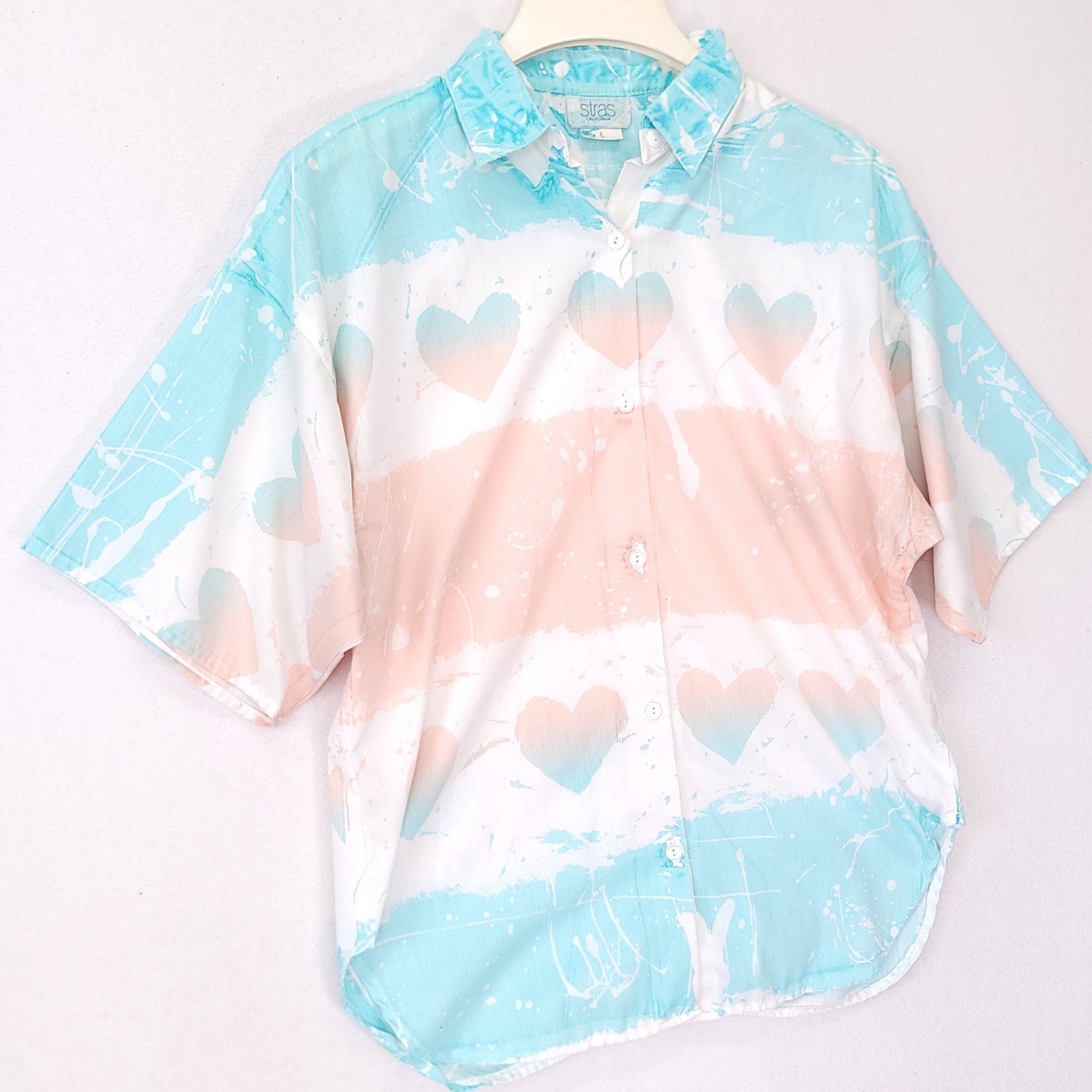 Vintage Stras California Heart Paint Splatter Shirt Pastel Turquoise Peach L