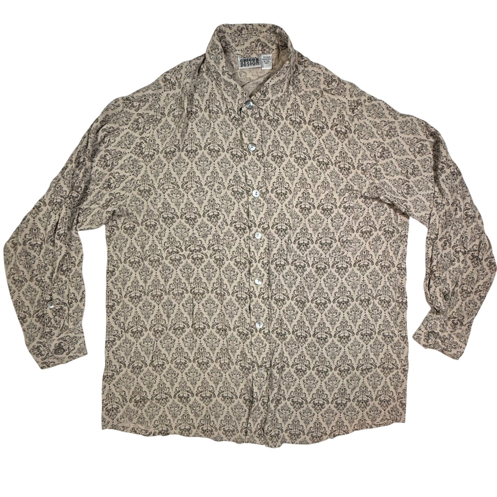 VTG Chicos Design Button Down Womens 3 Tan Damask Boho Dark Academia Artsy Shirt