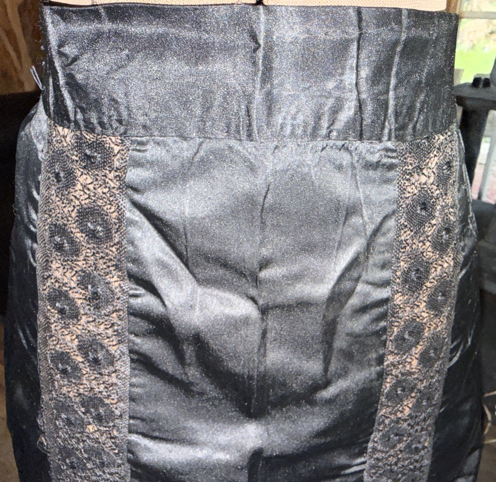 Antique Victorian Edwardian Black Satin And Lace Mourning Apron