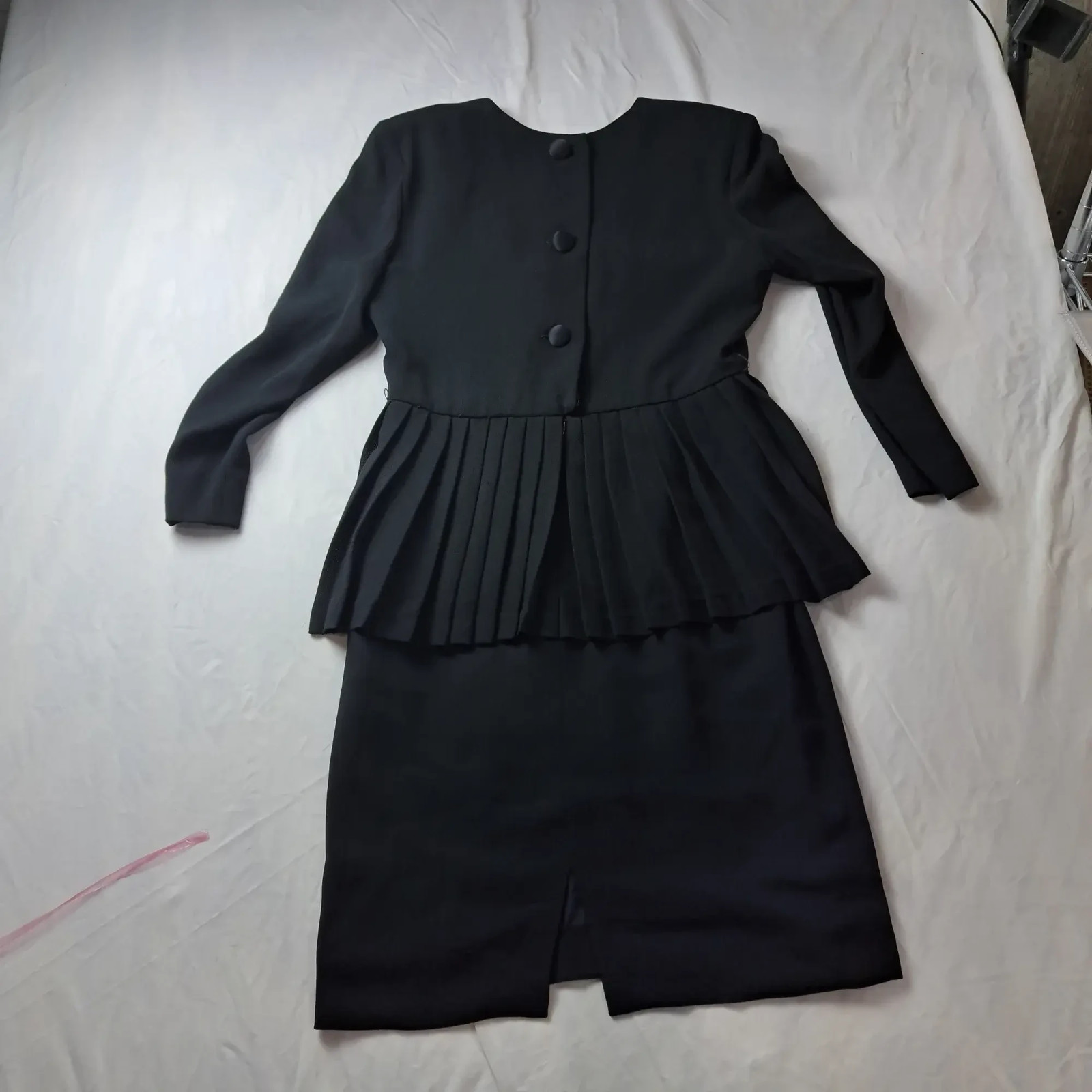 Women’s Black Pleated Peplum Dress Size M Long Sleeve Covered Buttons 2PC