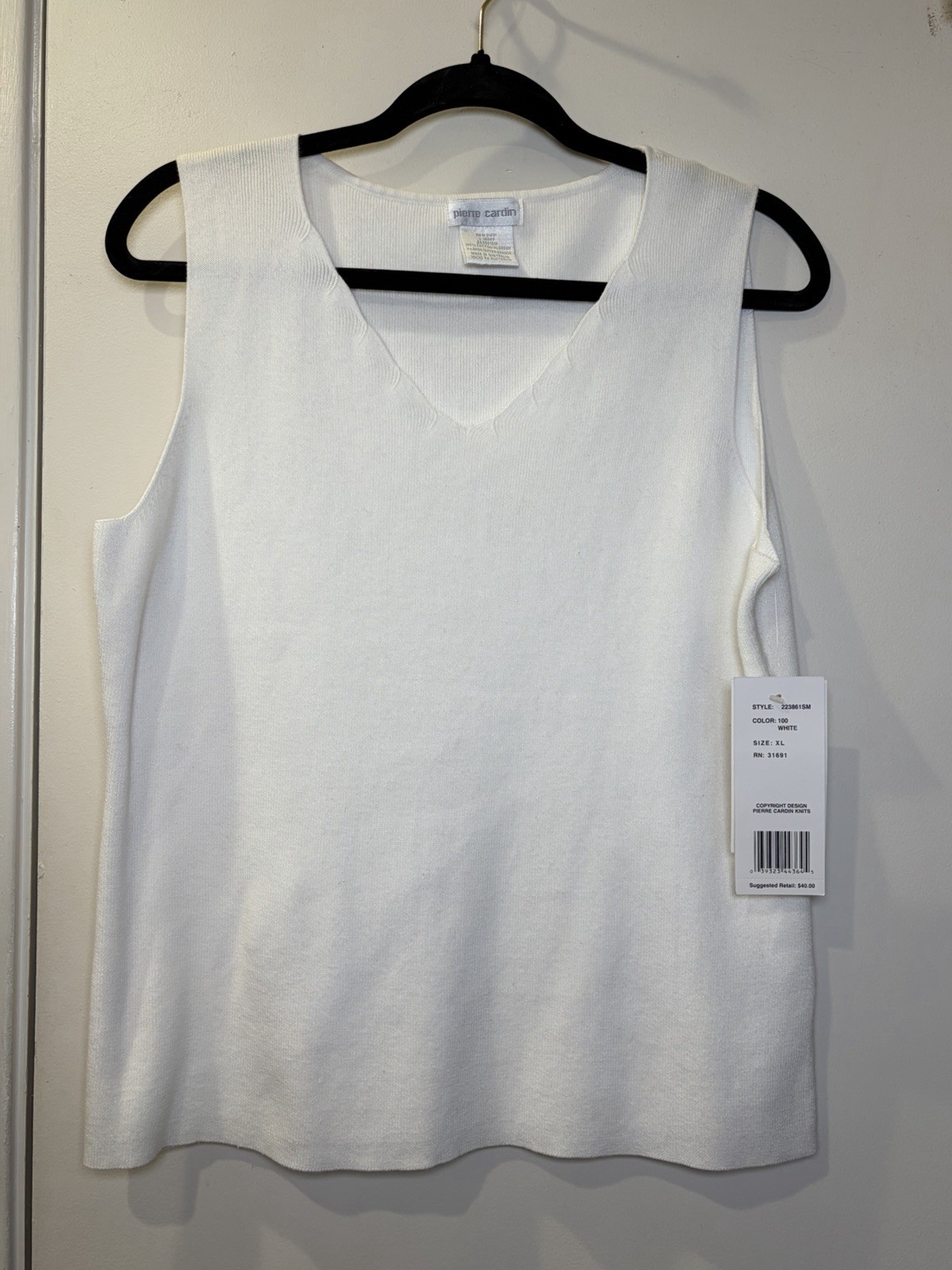 Vtg Pierre Cardin Womens V Neck Sleeveless Tank Top Sz XL 100% Cotton White NWT