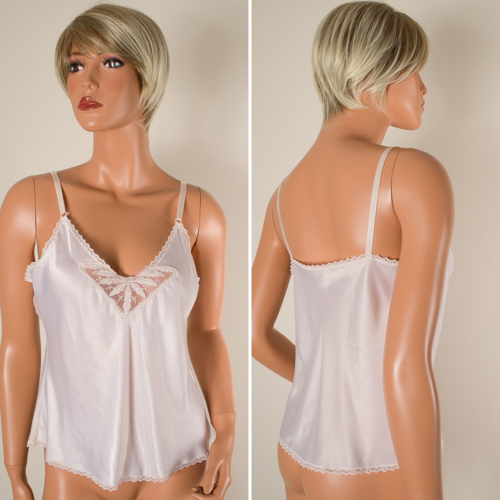 💖 MAIDENFORM Vintage Ivory Silky Satin Cami Tank Top Embroidered Front 36