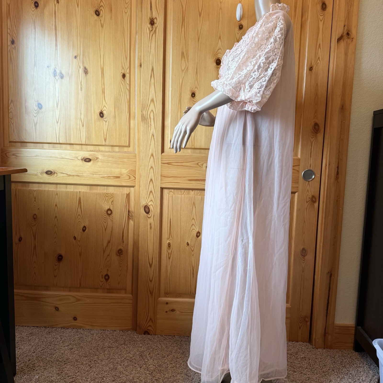 Vintage 60s Pandora Lingerie Peignoir M Nylon Double Chiffon Lace Puff Sleeves