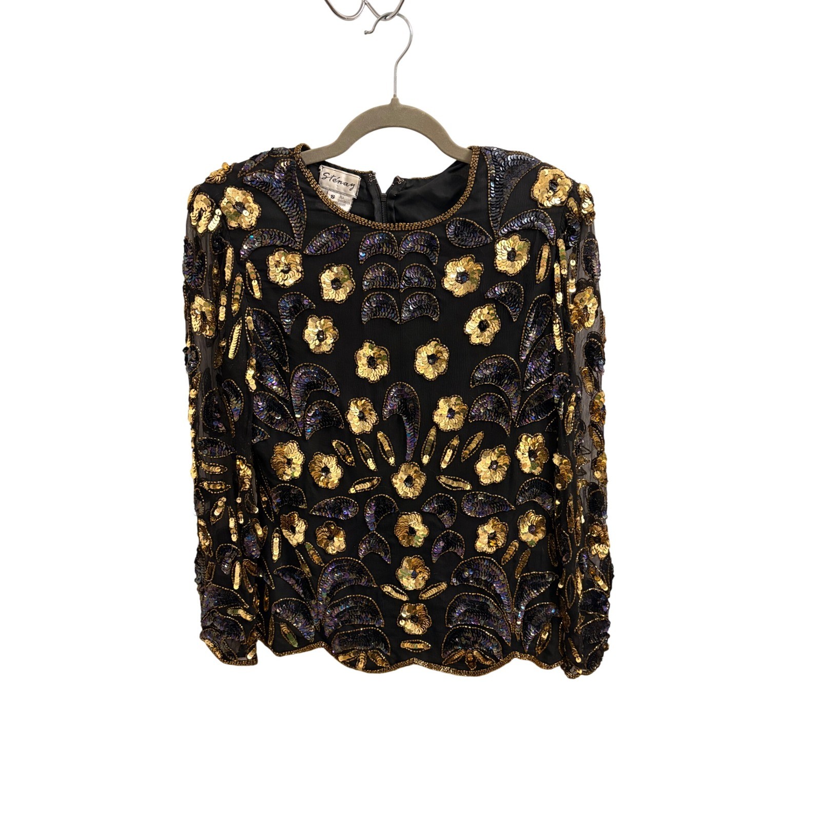 Stenay Vintage 80s Silk Sequin Beaded Top Gold Black Floral Evening Blouse Small
