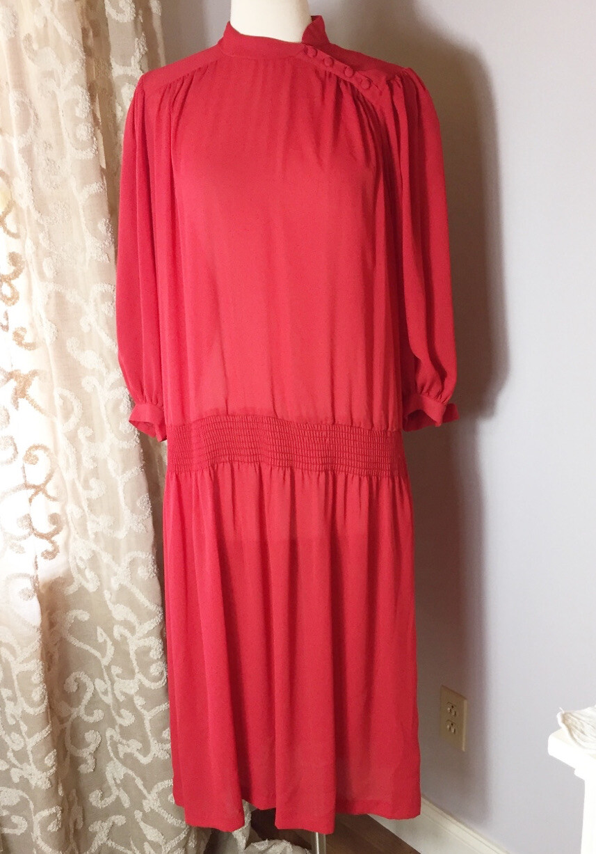 Vintage Joy Stevens Of California 70’s Sz 16 Red Drop Waist Dress