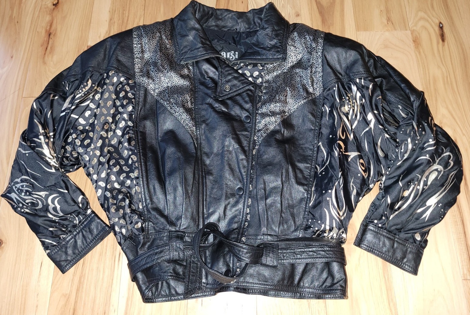 Vtg. Learsi Black gold metallic moto lined leather jacket Sz Medium 80’s belted