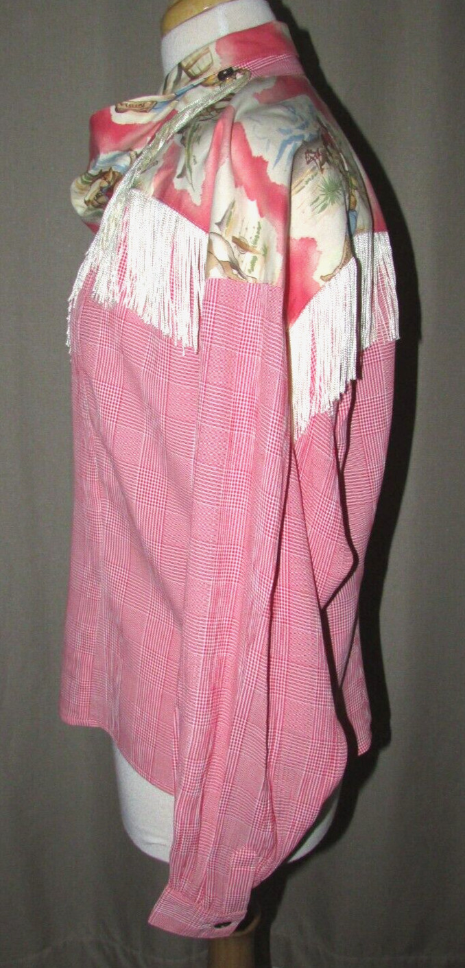 Vintage PINK Fringed Western Long Sleeve Blouse with Scarf Pamela Brandt USA 8