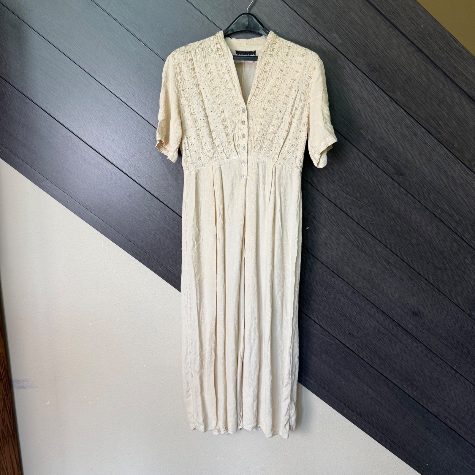 New York Studio Vintage 90s Embroidered Rayon Jumpsuit Tan Med Cottagecore