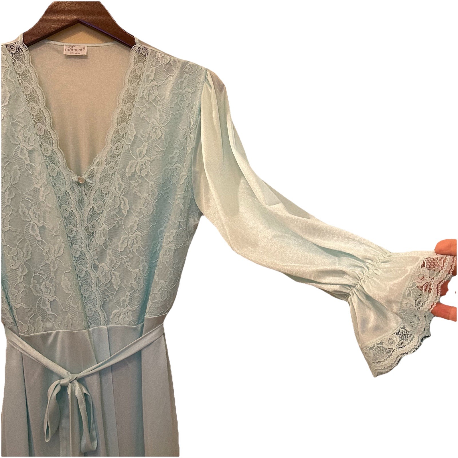VTG Soft Moments Peignoir Set Blue Lace Robe & Nightgown Large USA Honeymoon