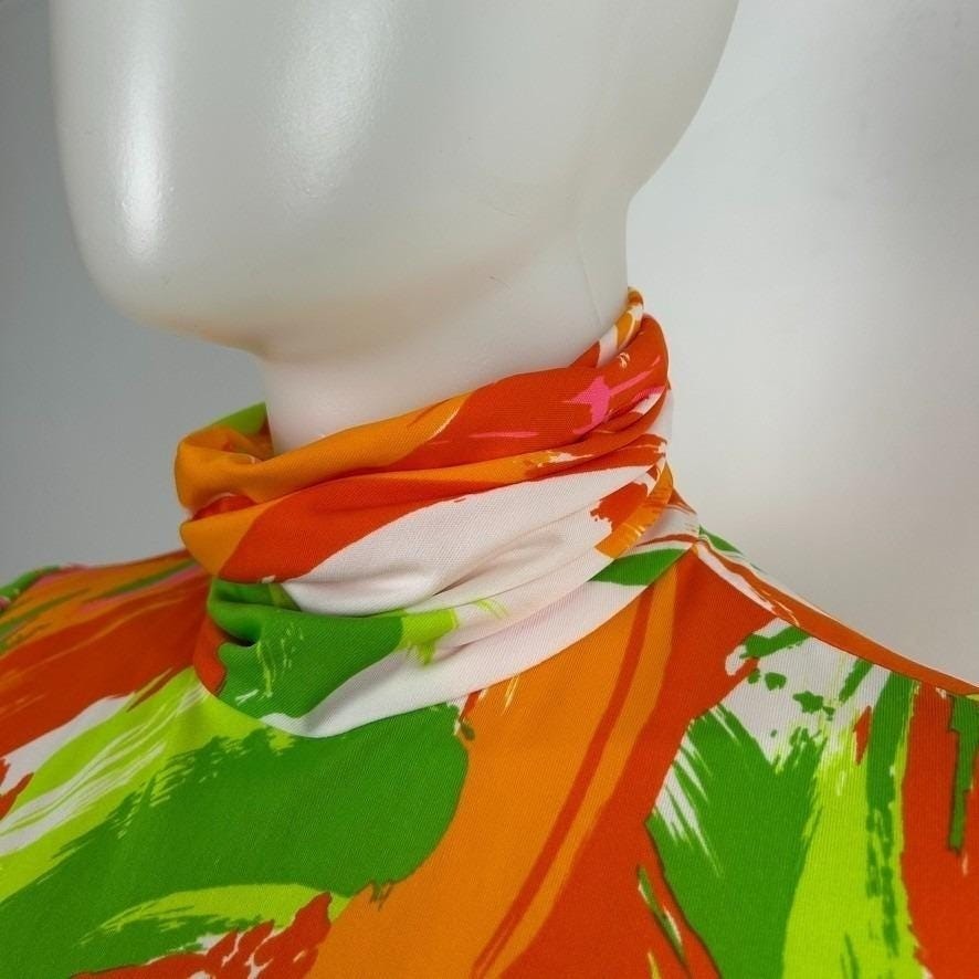 Vintage 70s Psychedelic Maxi Dress Multicolor Abstract Mock Neck Retro Mod