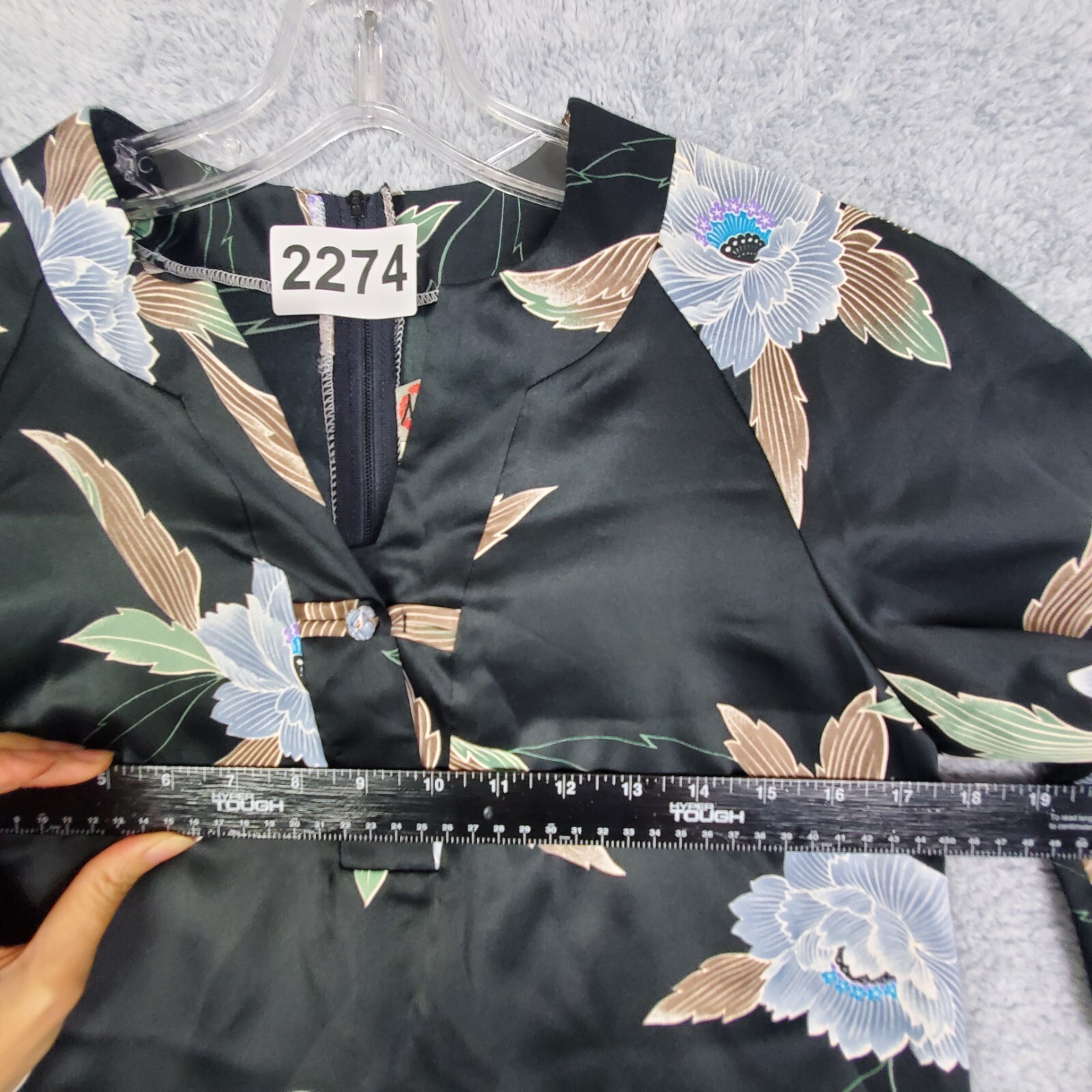 Vtg 60s Nani of Hawaii Dress Sz S M Kimono Shift Floral Vneck Frog Button Satin