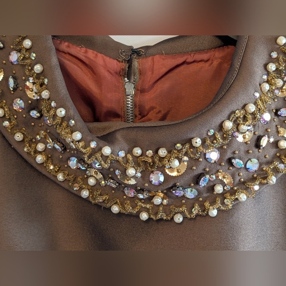 Vintage 60s Hand Beaded Collar Holiday Cocktail Rich Brown A Line Retro Classic