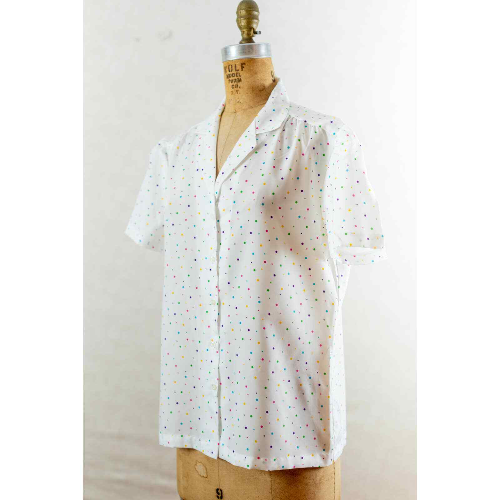 Vintage 80s Colorful Confetti Dot Blouse, Silky Polyester, Button Front, Med Lg