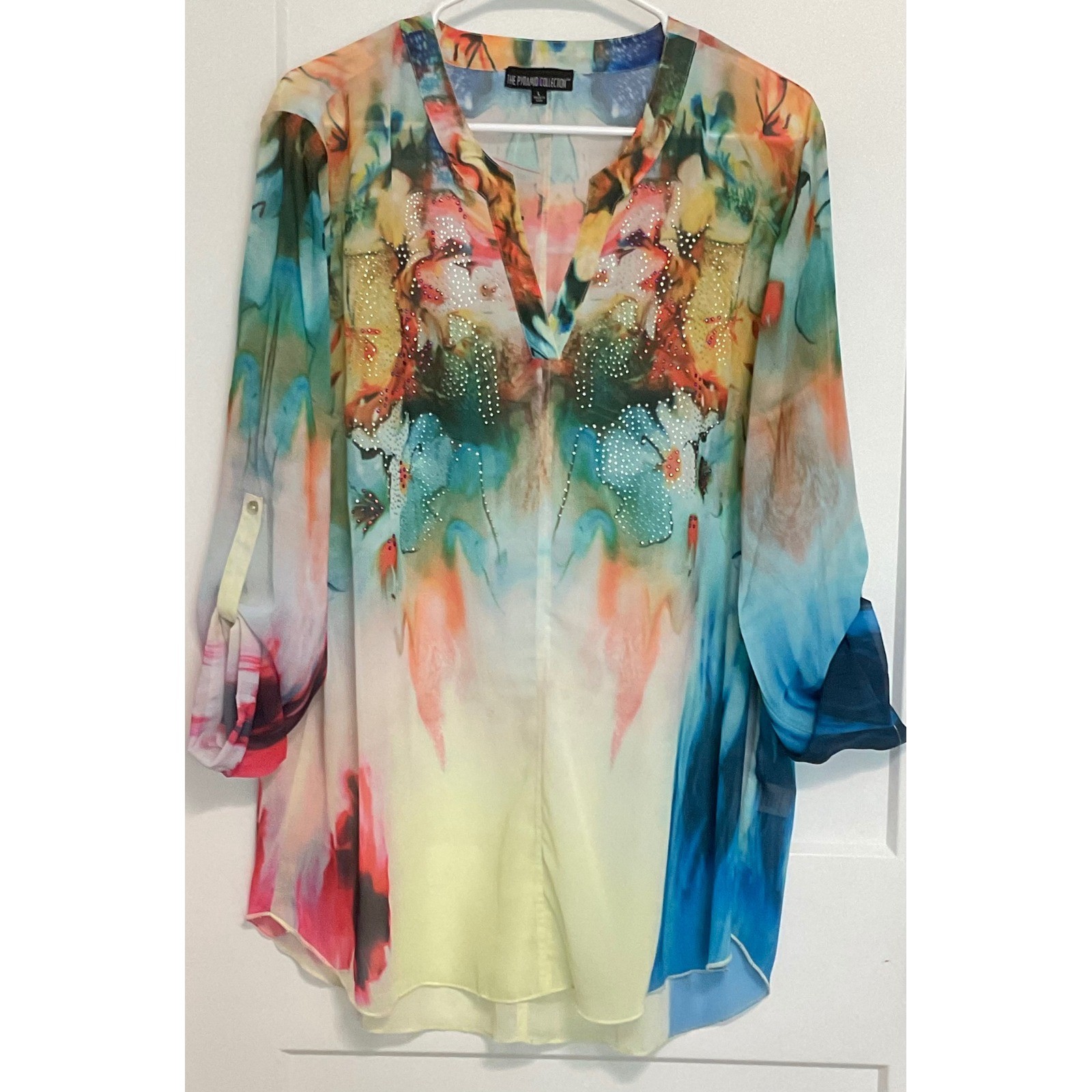 VTG Y2K PYRAMID Collection sheer BoHo floral shimmer tunic blouse fairy L NWOT