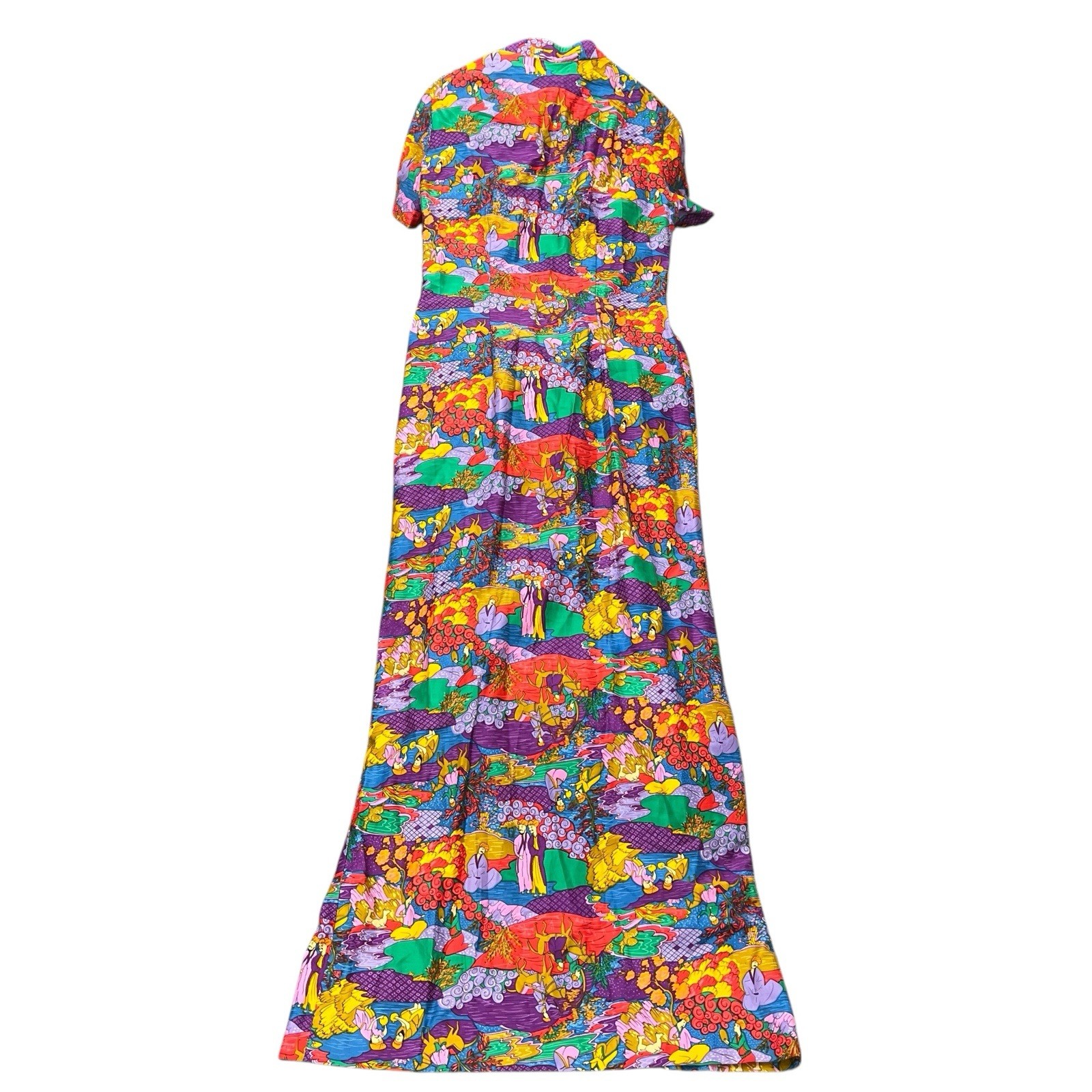 Vintage 60s/70s Serbin by Muriel Ryan Maxi Dress XS-S High Neck Vibrant Pastoral