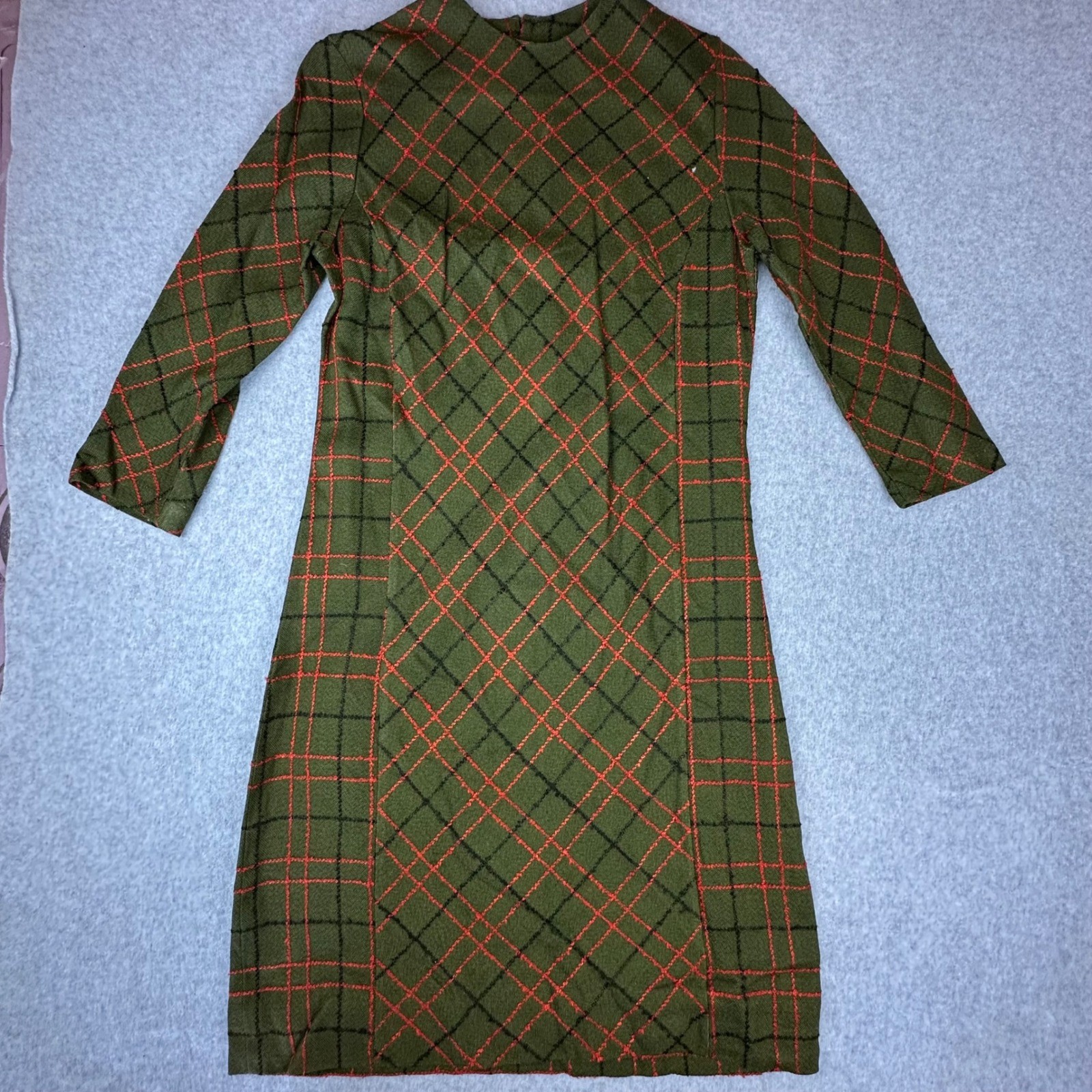 Vintage Dutchmaid Ephrata Green Plaid Shift Dress 3/4 Sleeve Talon Zip Size 32