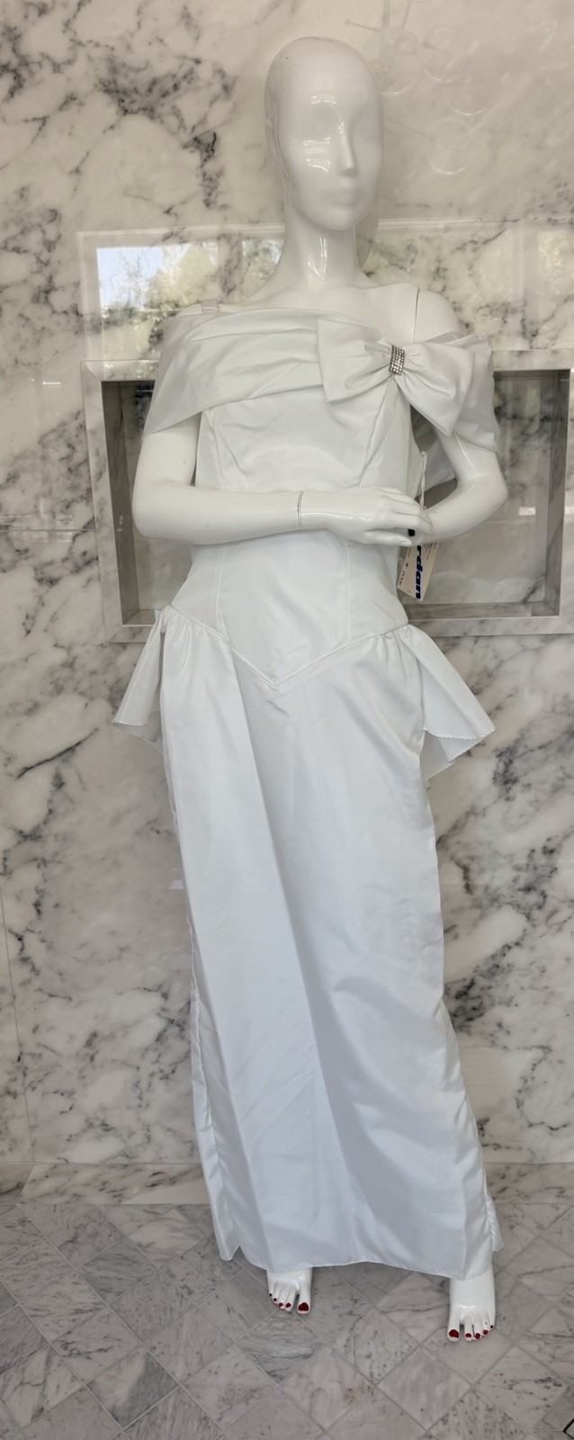 Vintage 80s Jordan Chiara White Dress Off Shoulder Bow Peplum Bridal Formal 12