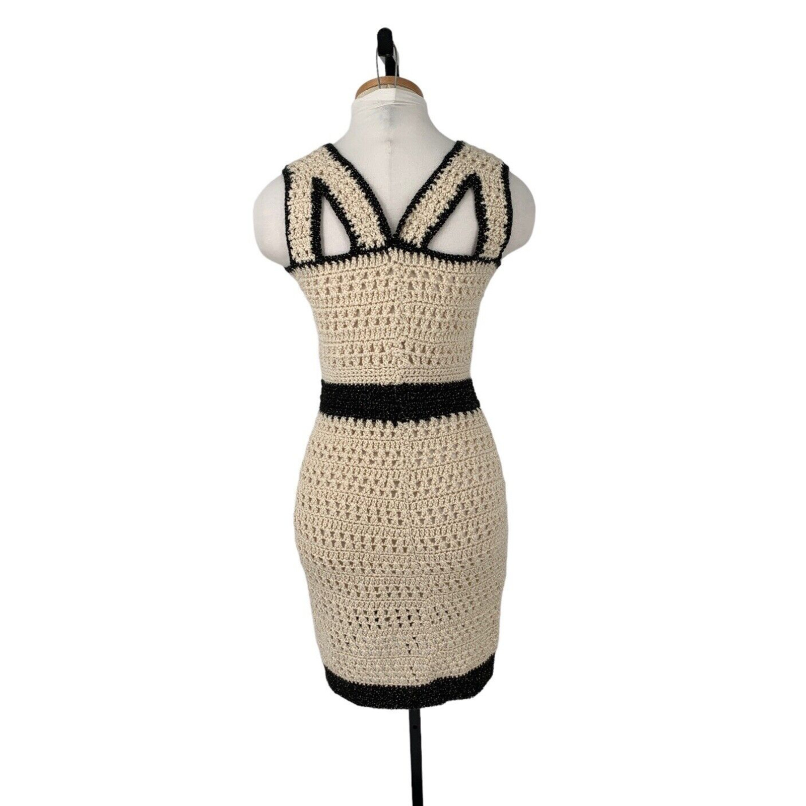 Vintage 70s Crochet Mini Dress Womens Small Hand Knit Woodstock Hippie Festival