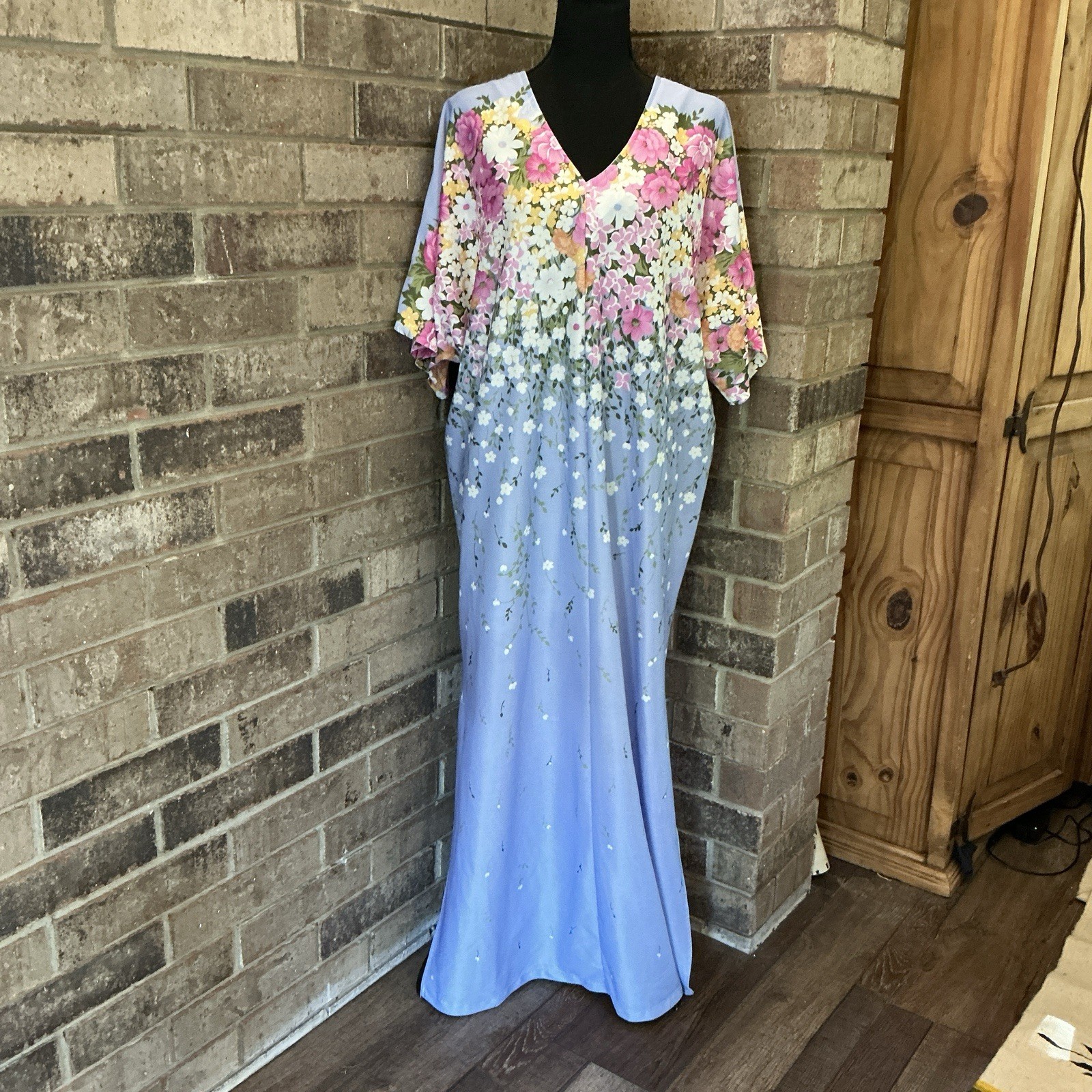 70s VTG Image Floral Kaftan Maxi Dress Ombre Border Print Dolman Blue Sz M #34E4