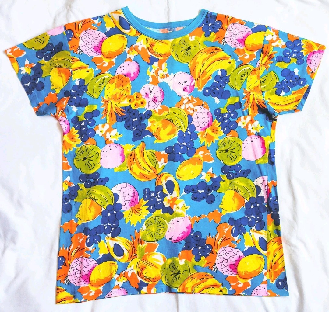 Vintage 80s Fruit Print Tee British Fashion T-shirt Women Men Sz L Cotton UK EUC