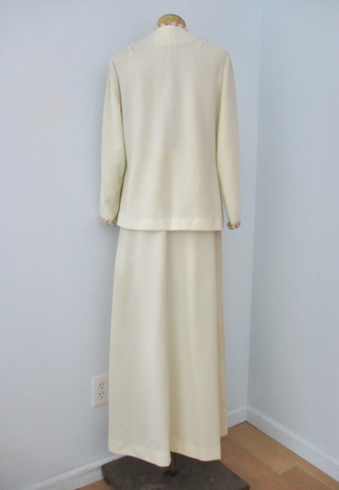 Vtg 60s 70s Cream Sparkly Gold ZigZag Knit 2-Pc Maxi Dress Gown Jacket Suit S/M