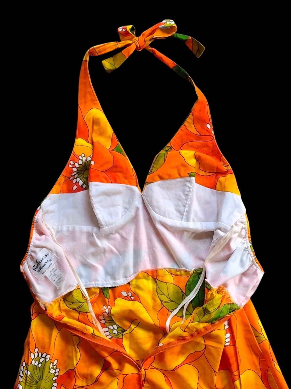 Vintage 1970s Sun Fashions of Hawaii Orange Tropical Floral Halter Maxi Dress |