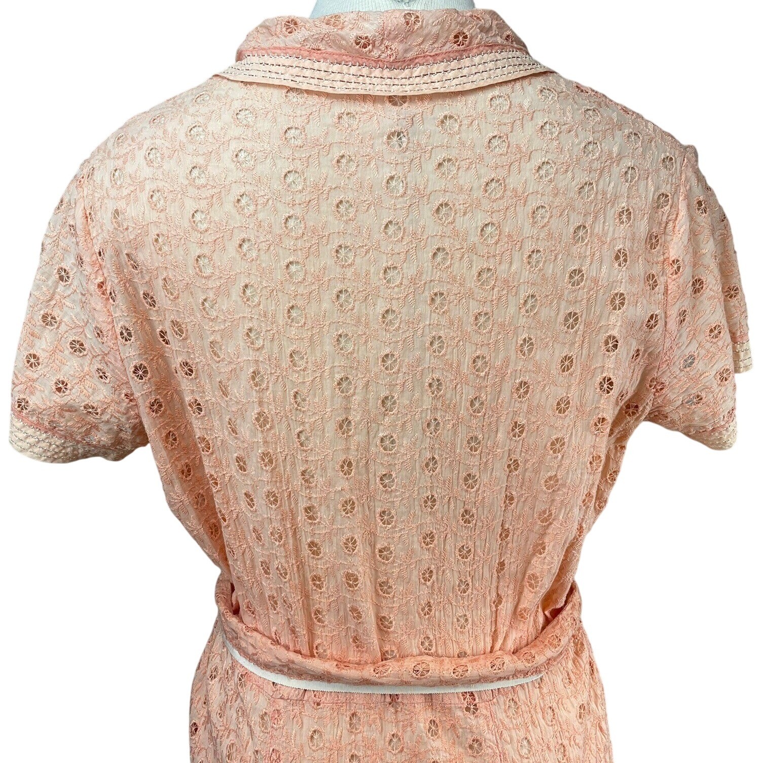 Vintage Womens (M/L) 50s Peach Eyelet Dress Boho Prairie Buttons Western Sheer