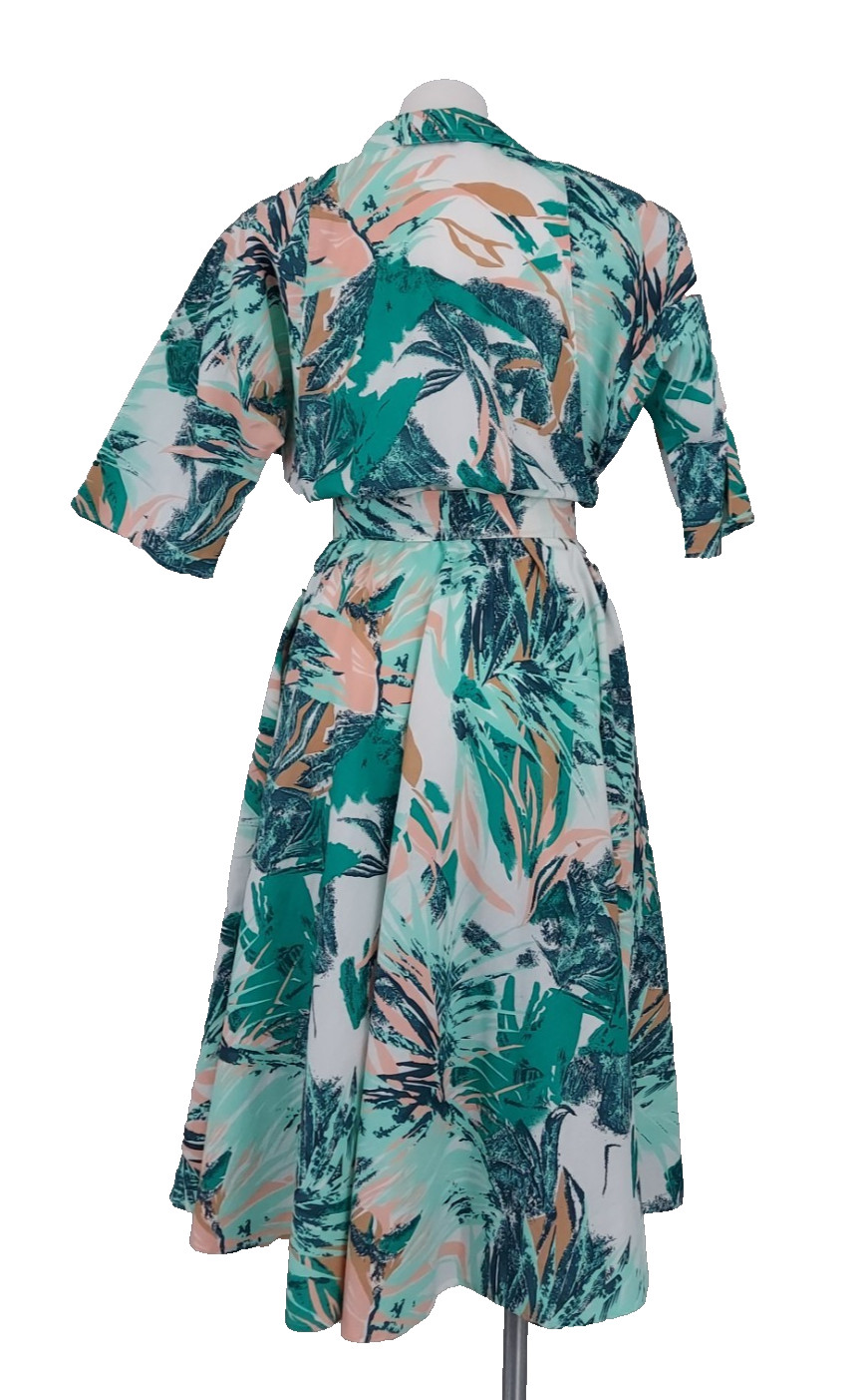 Vintage 80s Caliche Abstract Shirt Dress Belted Teal Button Front Midi Sz 8