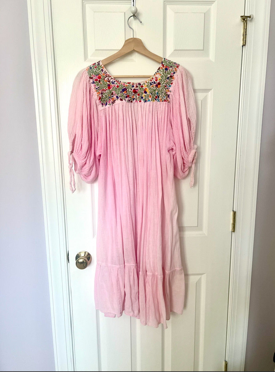 Vintage Oaxaca Mexican Hand Embroidered Floral Cotton Gauze Dress Hippie Boho