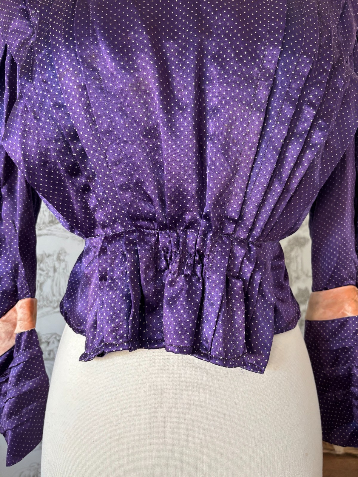 Rare Antique 1900s Edwardian Purple Silk Blouse Lace High Neck and Peach Velvet