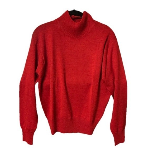Evan-Picone Preppy Quiet Luxury Red Mock Neck Wool Blend Knit Sweater Vintage