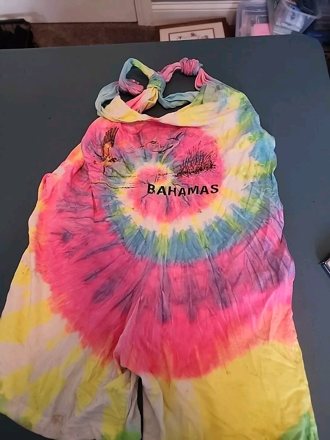 Vtg 90s In Gear Neon Rainbow Tie Dye Swirl Tunic Bahamas Shorts Womens