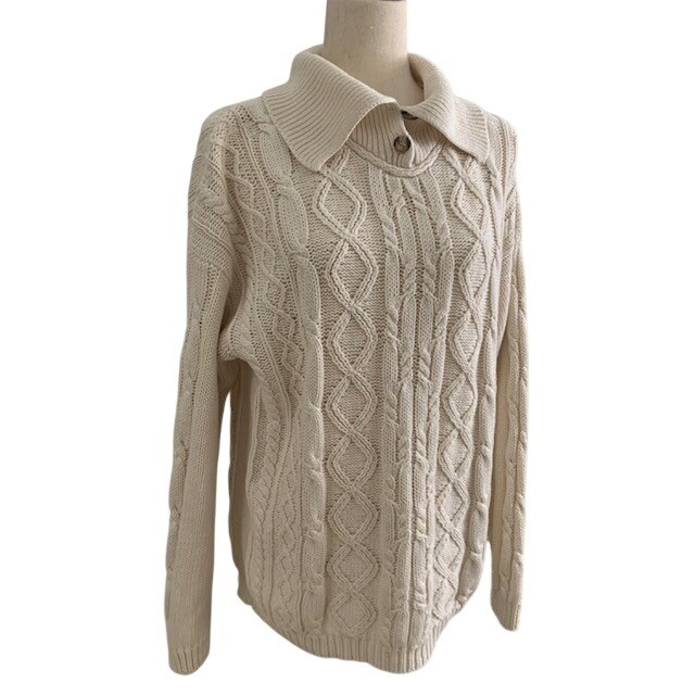 Vintage 90s Fisherman Sweater L Chunky Cable Knit Ramie Cotton Quiet Luxury