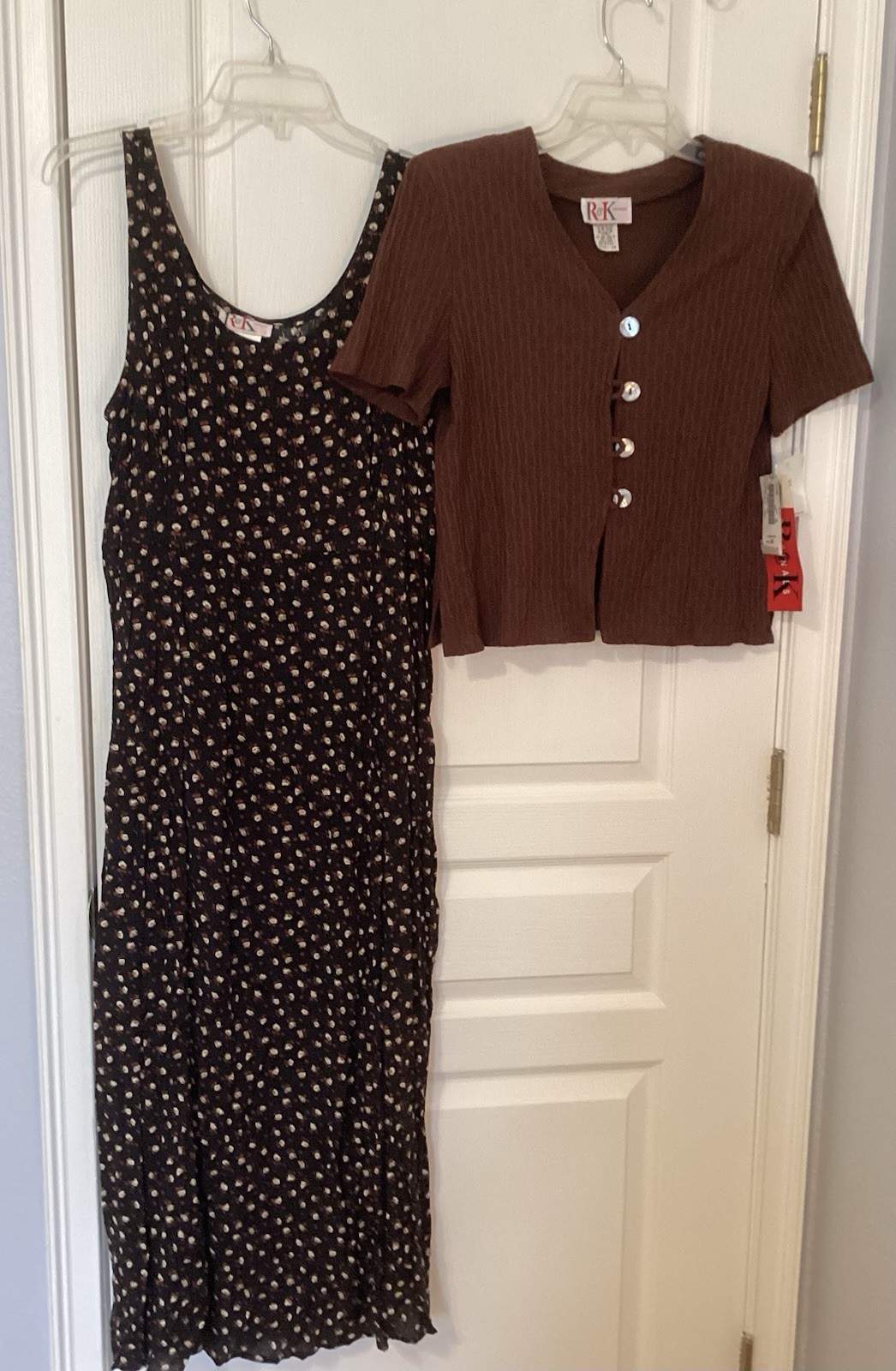 R&K Originals Vintage Maxidress &Cardigan Set Size10 Black/Brown Ditsy Print NWT
