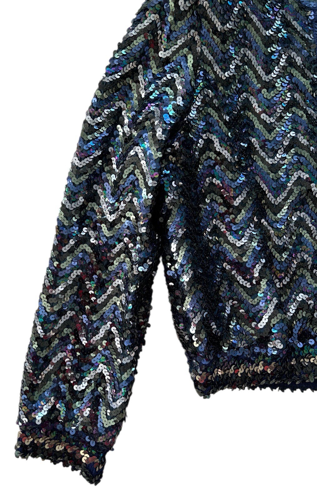 Vtg 70s 80s THREE FLAGGS Blue Green Sequin Button Front Jacket XS/S Disco Glam