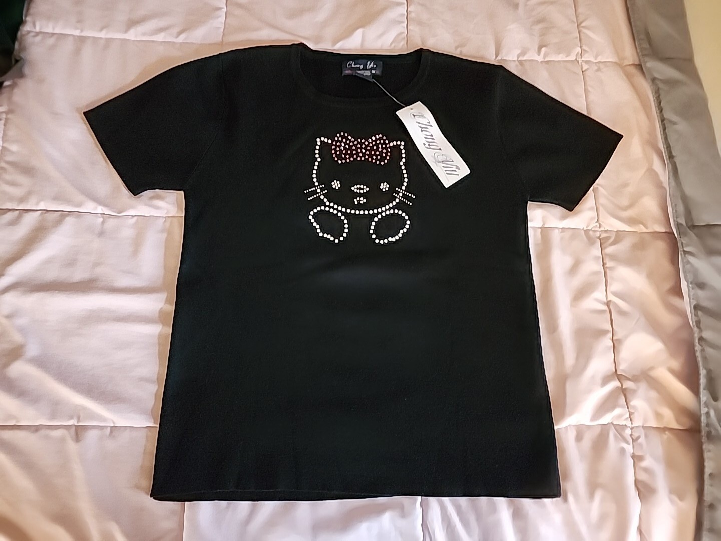 Chong Yiu fashions Black Ribbed, Super Stretchy Short Sleeve Size S NWT Studded