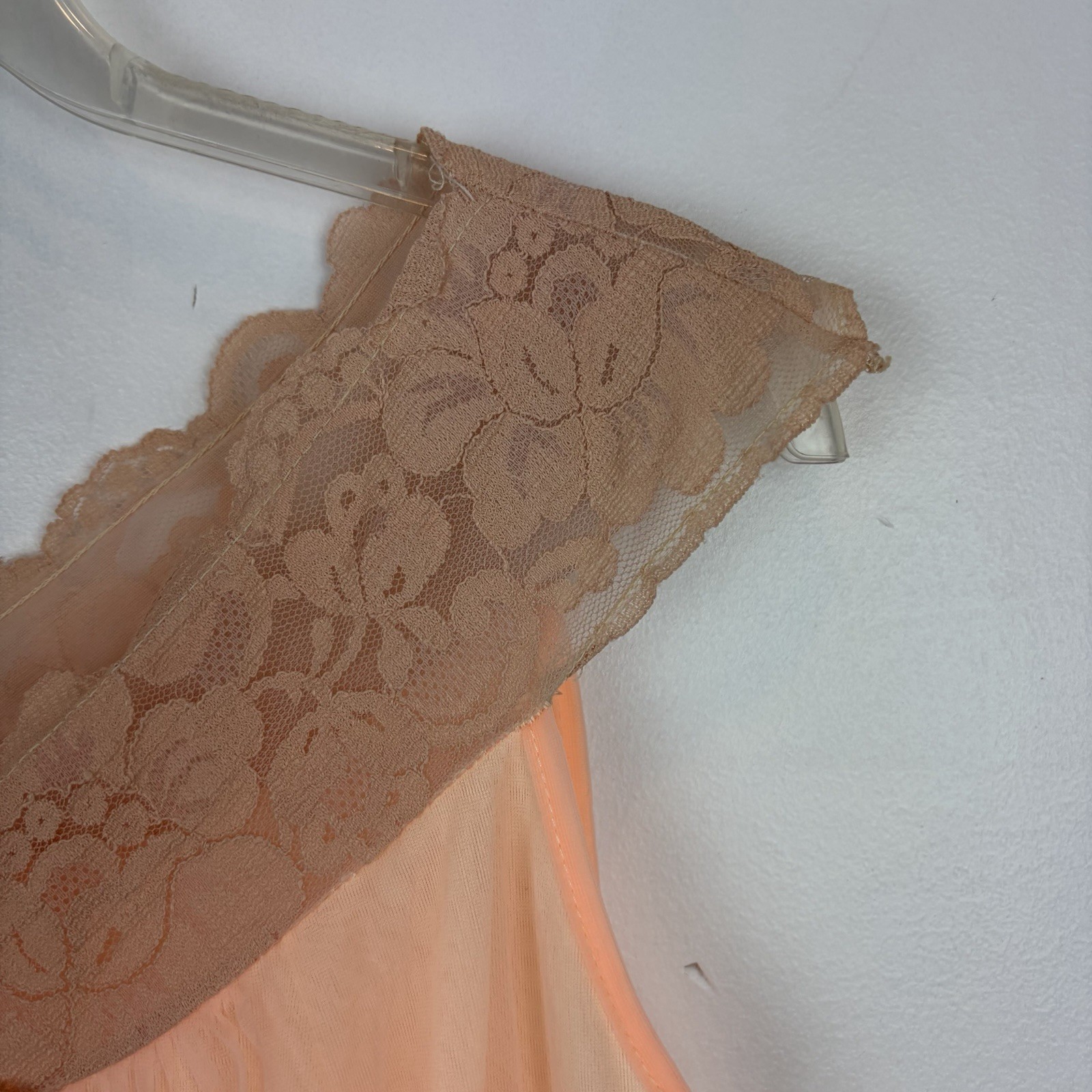 Vintage Babydoll Nightgown Womens Small Chiffon Nylon Lace Shift Dress Peach USA